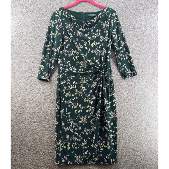 Lauren Ralph Lauren Green Floral Print Draped Waist Knee-Length Dress 3/4 Sleeve - Picture 1 of 10